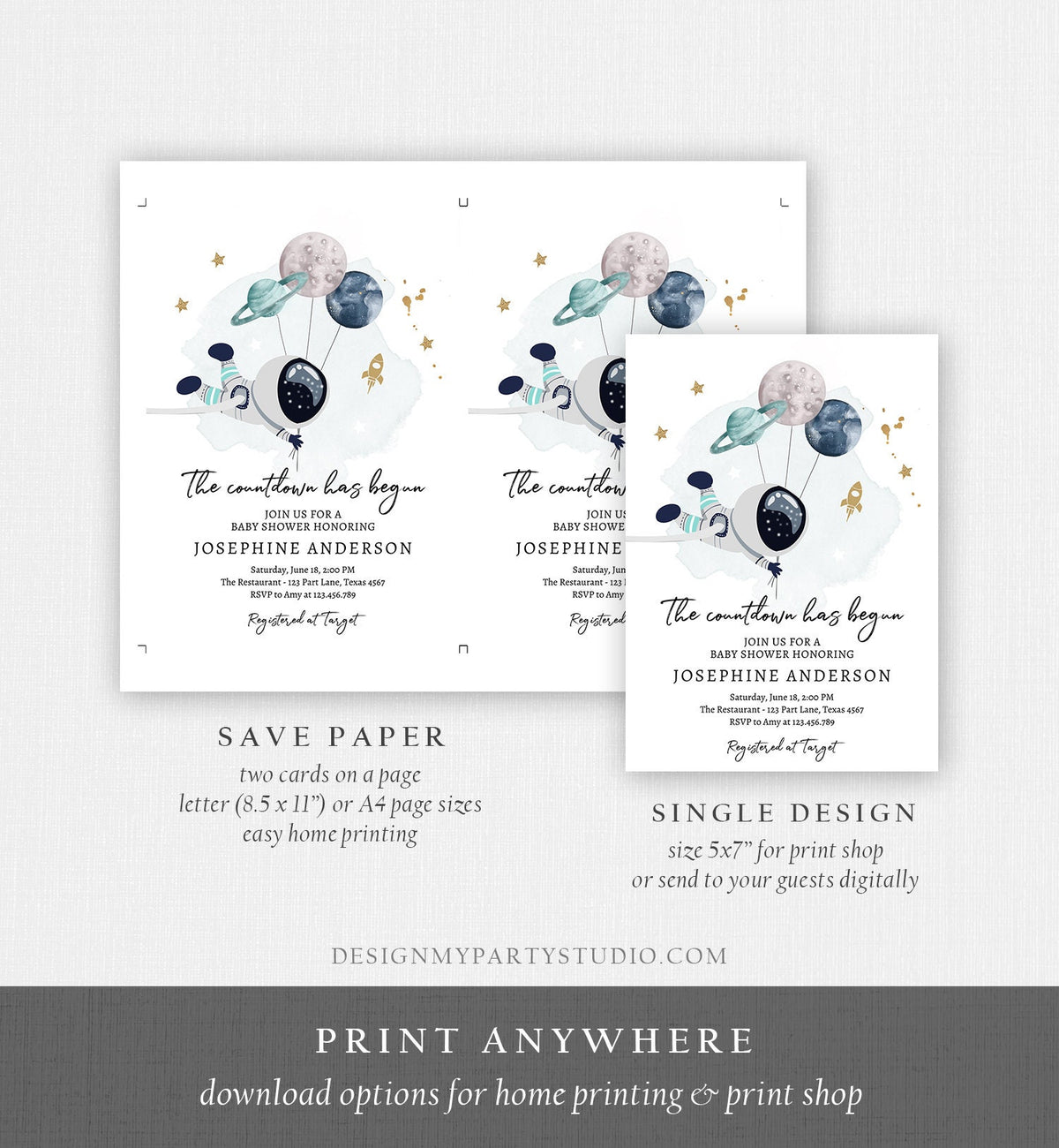 Editable Space Baby Shower Invitation Galaxy Outer Space It&#39;s a Boy Gold Planets Moon Countdown Invite Template Instant Download Corjl 0366