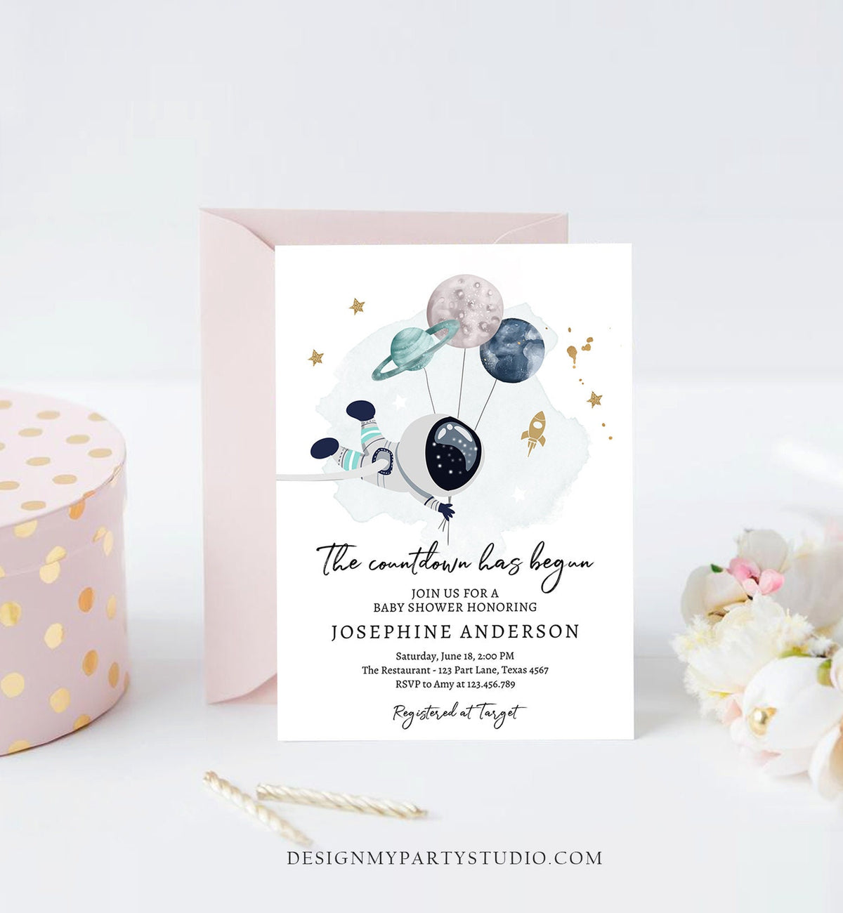 Editable Space Baby Shower Invitation Galaxy Outer Space It&#39;s a Boy Gold Planets Moon Countdown Invite Template Instant Download Corjl 0366