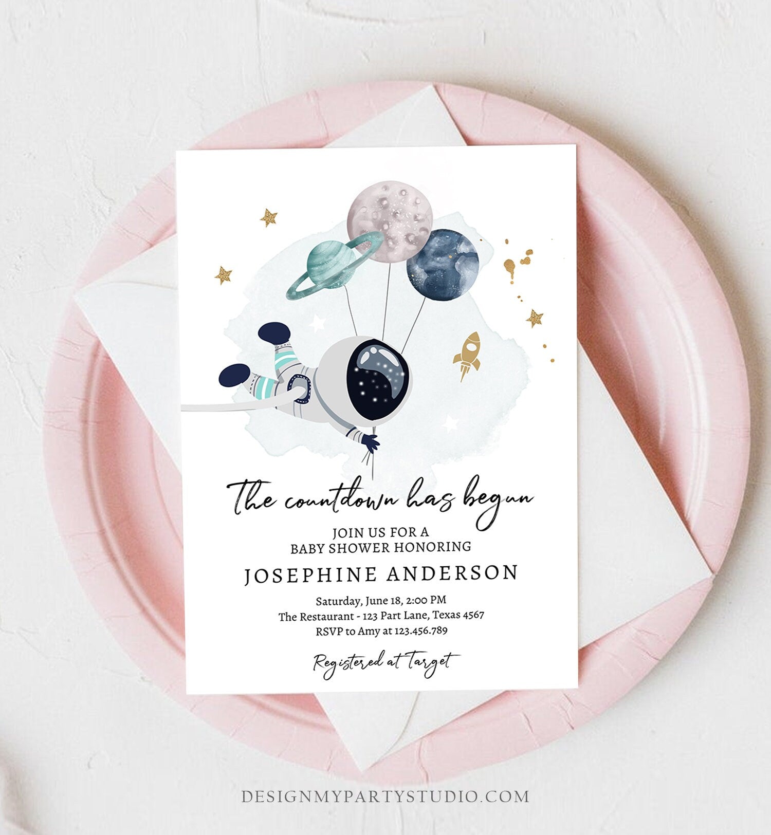 Editable Space Baby Shower Invitation Galaxy Outer Space It's a Boy Gold Planets Moon Countdown Invite Template Instant Download Corjl 0366