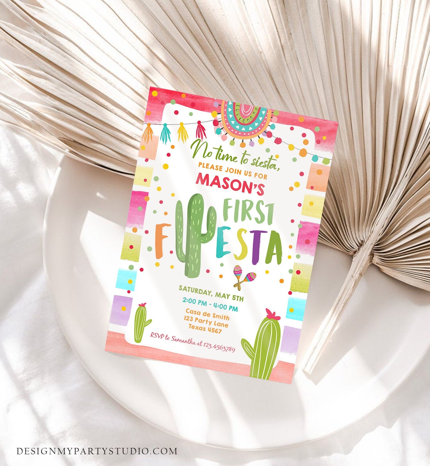 Editable Fiesta Birthday Invitation Cactus Succulent First Birthday Party Boy ANY AGE Mexican Uno Download Corjl Template Printable 0134