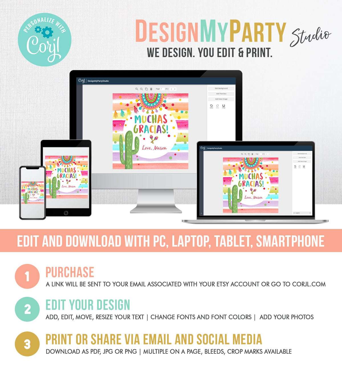 Editable Fiesta Favor Tag Muchas Gracias Thank You Tag Cactus Succulent Mexican Boy Birthday Baby Bridal Shower Taco Template Printable 0134