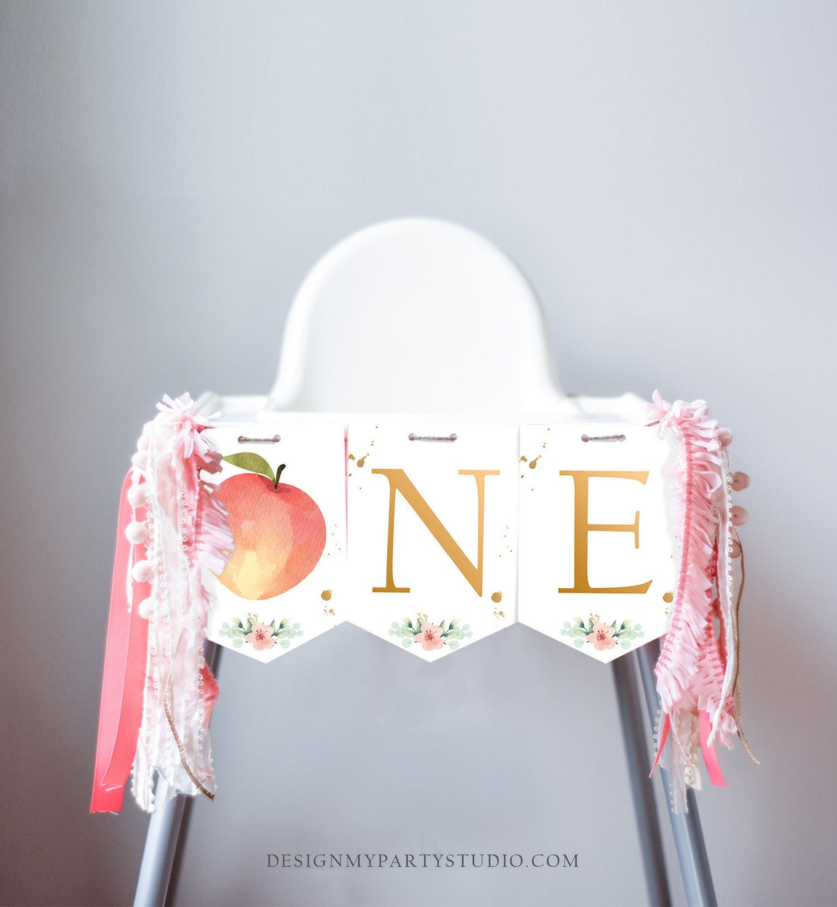 Peach High Chair Banner Sweet As a Peach Girl 1st First Birthday Pink Gold High Chair Banner ONE Fruit Party Decor Digital Printable 0401