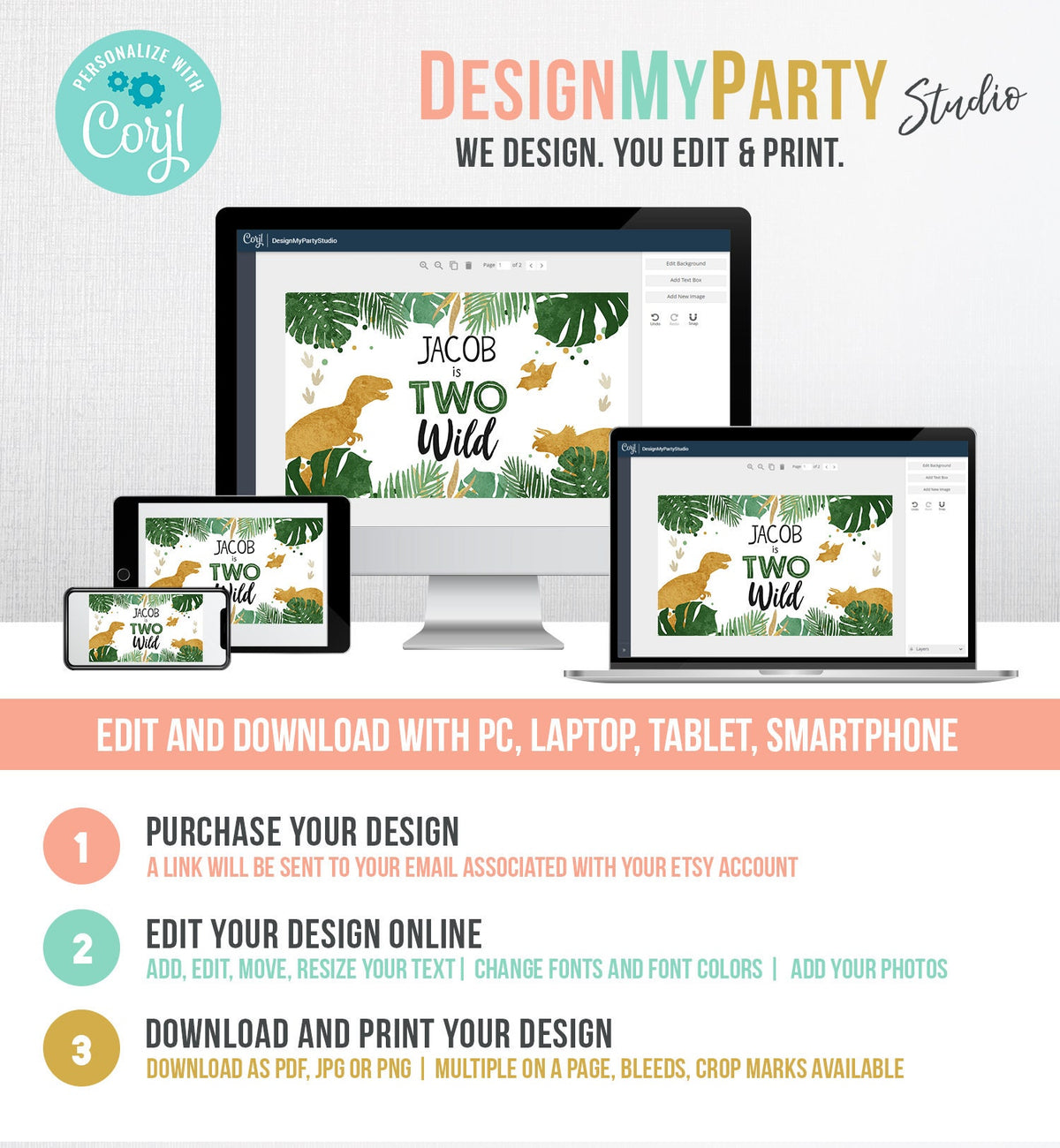 Editable Dinosaur Birthday Backdrop Banner Boy Gold Two Wild Second 2nd Dino Welcome Sign Poster Digital Download Template Printable 0146