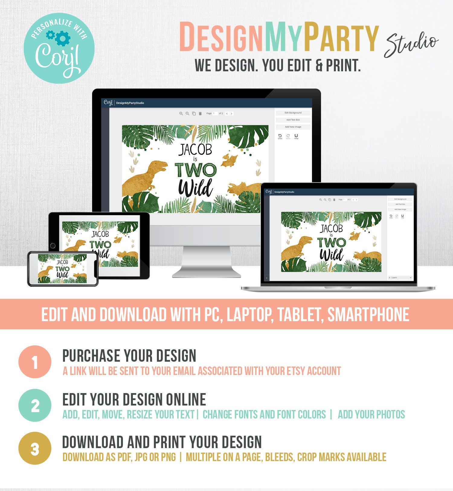 Editable Dinosaur Birthday Backdrop Banner Boy Gold Two Wild Second 2nd Dino Welcome Sign Poster Digital Download Template Printable 0146