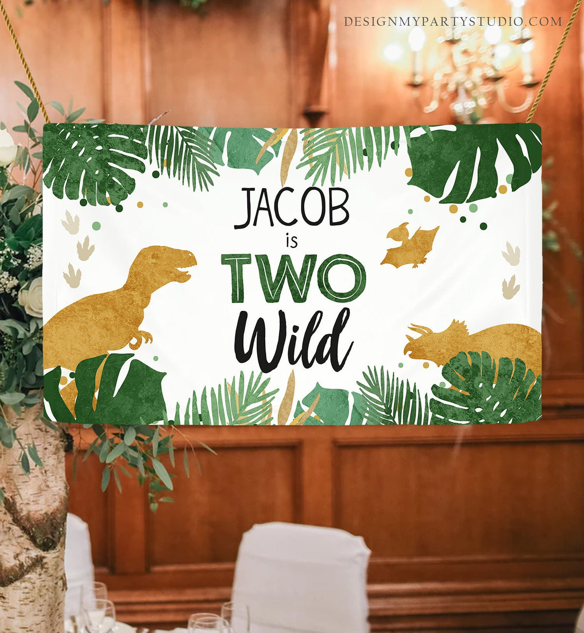 Editable Dinosaur Birthday Backdrop Banner Boy Gold Two Wild Second 2nd Dino Welcome Sign Poster Digital Download Template Printable 0146