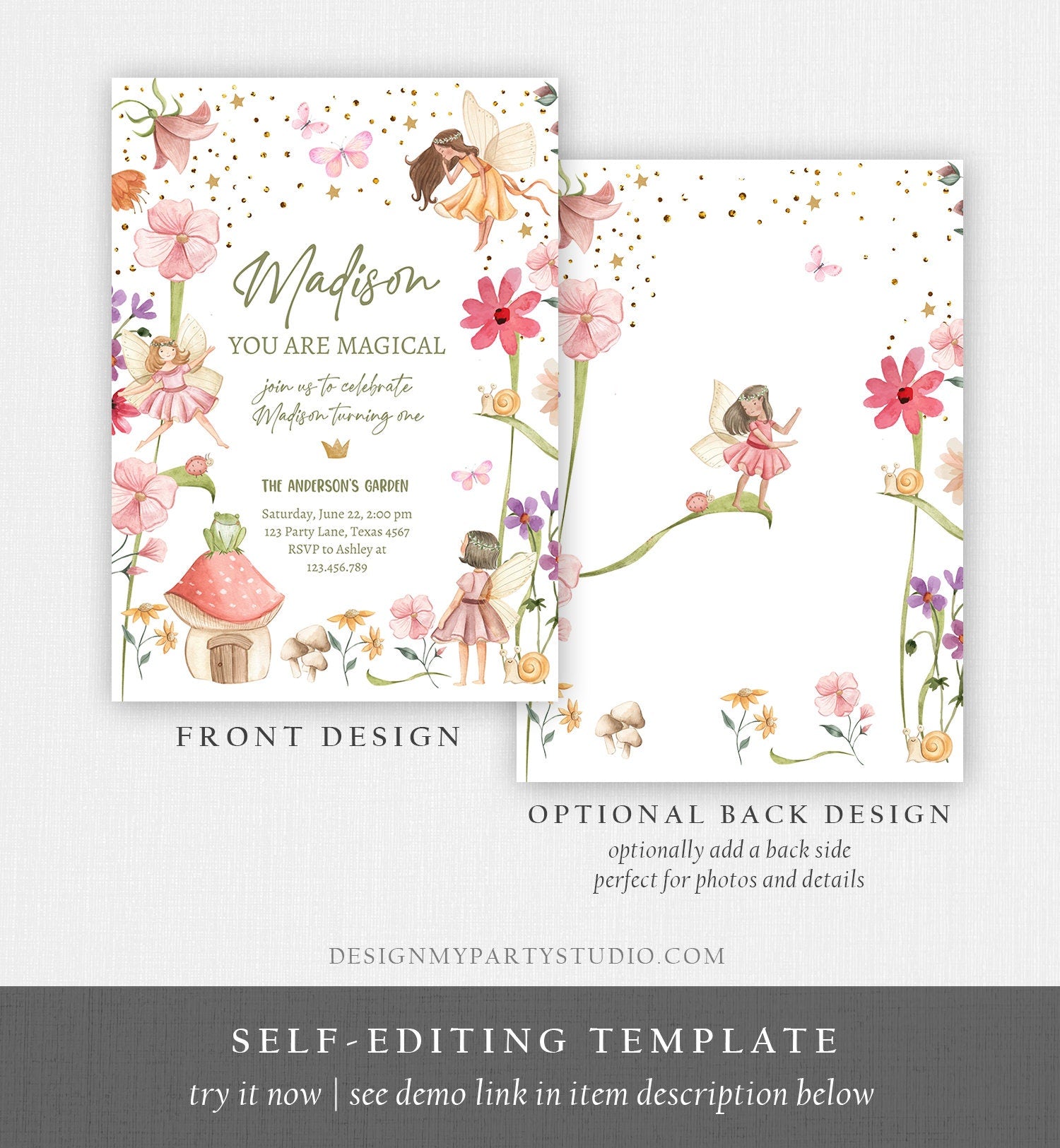 Editable Fairy Birthday Invitation Fairy Garden Birthday Fairy Forest Girls 1st Birthday Magical Download Evite Template Printable 0406