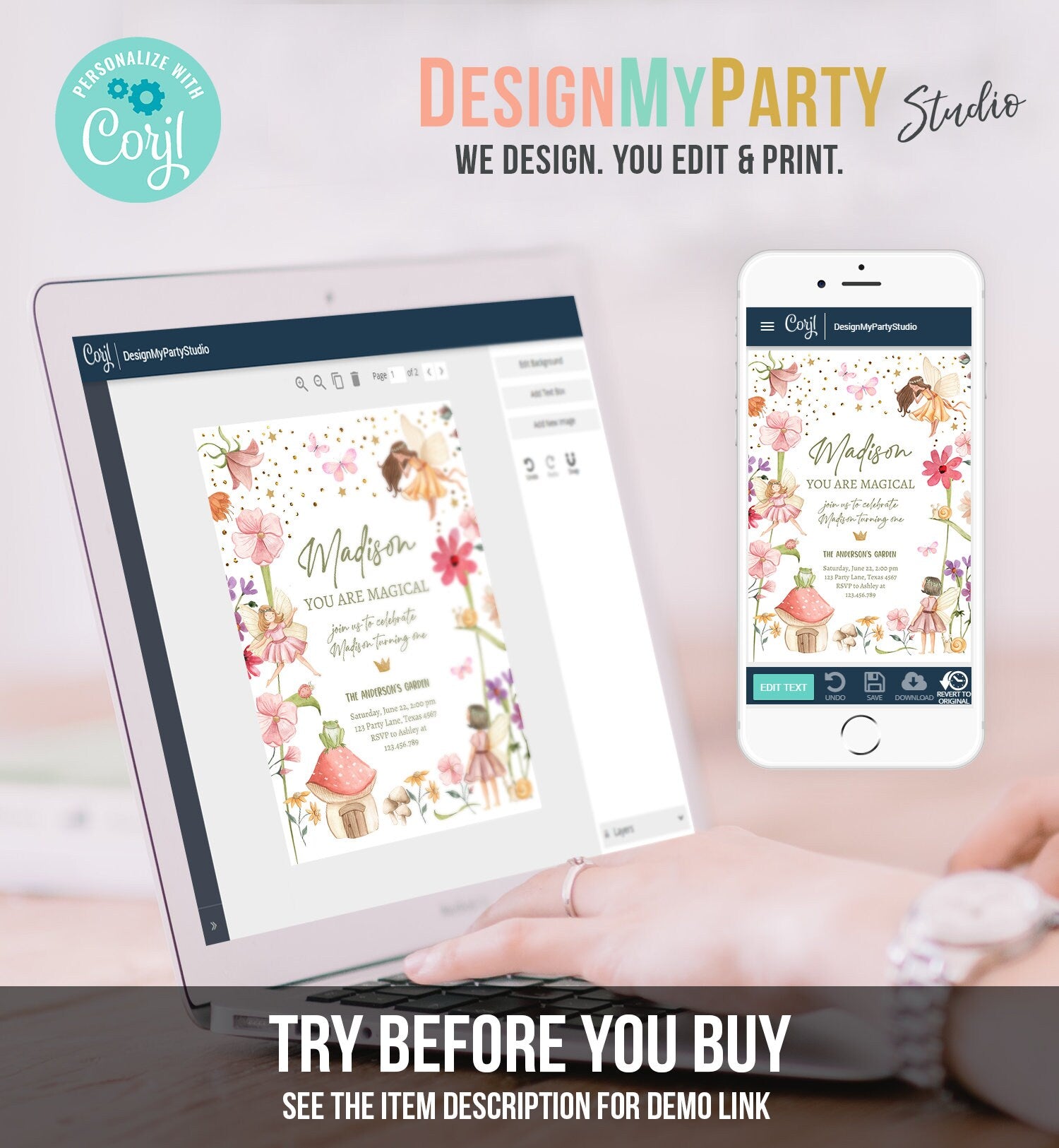 Editable Fairy Birthday Invitation Fairy Garden Birthday Fairy Forest Girls 1st Birthday Magical Download Evite Template Printable 0406