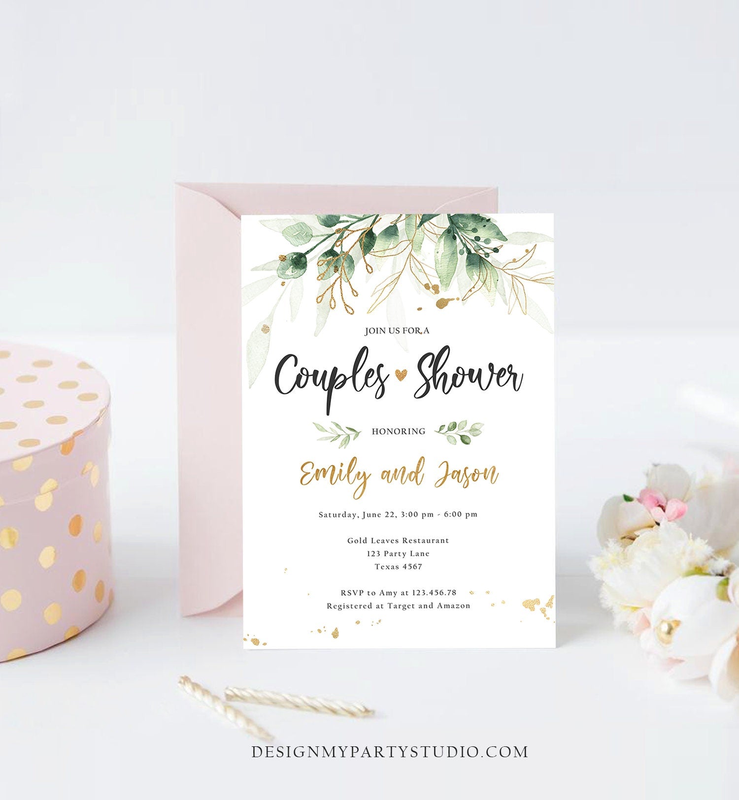 Editable Gold Leaves Couples Shower Invitation Gold Leaves Floral Greenery Bridal Coed Wedding Digital Download Template Printable 0168
