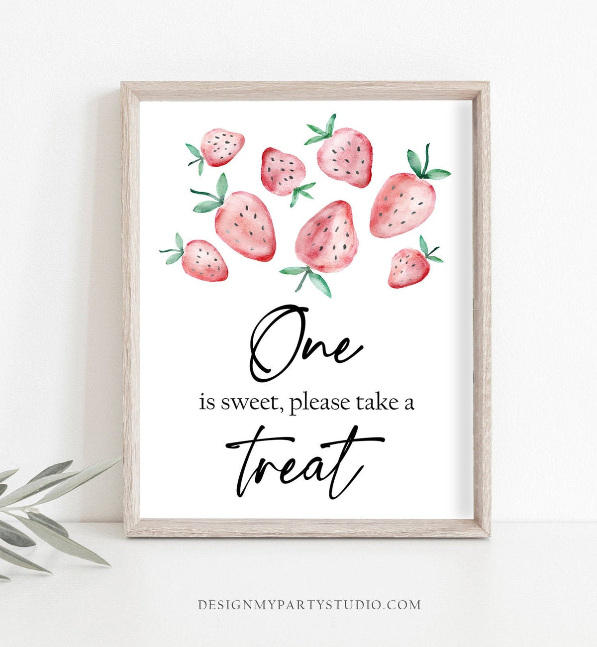 One is Sweet Take a Treat Strawberry First Birthday Sign Girl Strawberries 1st Birthday Fruit Farmers Market Table Sign Decor Printable 0399