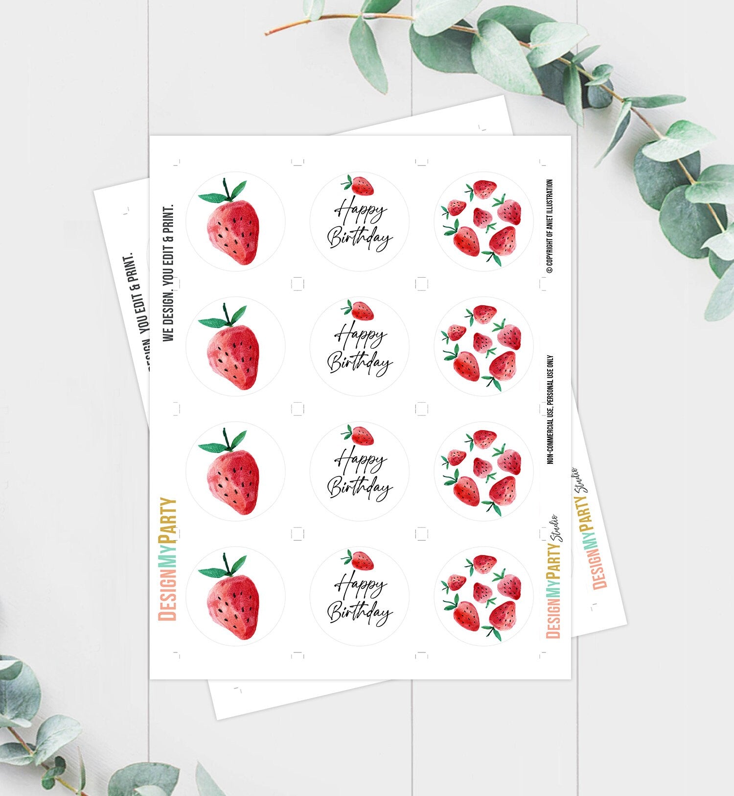 Strawberry Birthday Cupcake Toppers Favor Tags Girl First Birthday Party Decor Berry Sweet 1st Strawberries Digital Download Printable 0399
