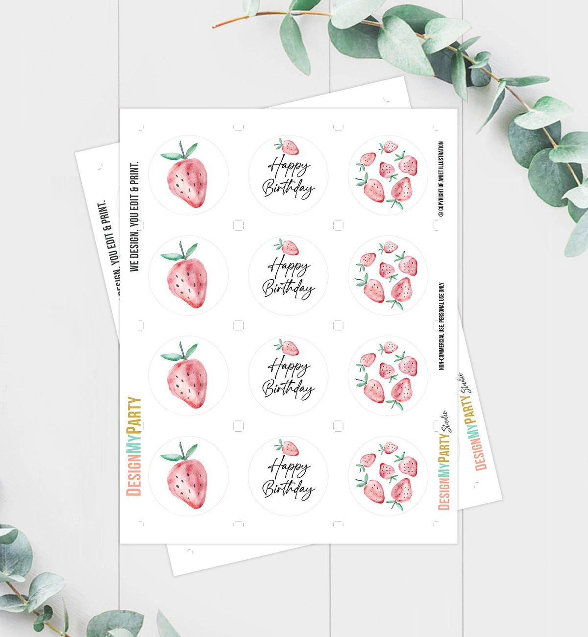Strawberry Birthday Cupcake Toppers Favor Tags Girl First Birthday Party Decor Berry Sweet 1st Strawberries Download Digital PRINTABLE 0399