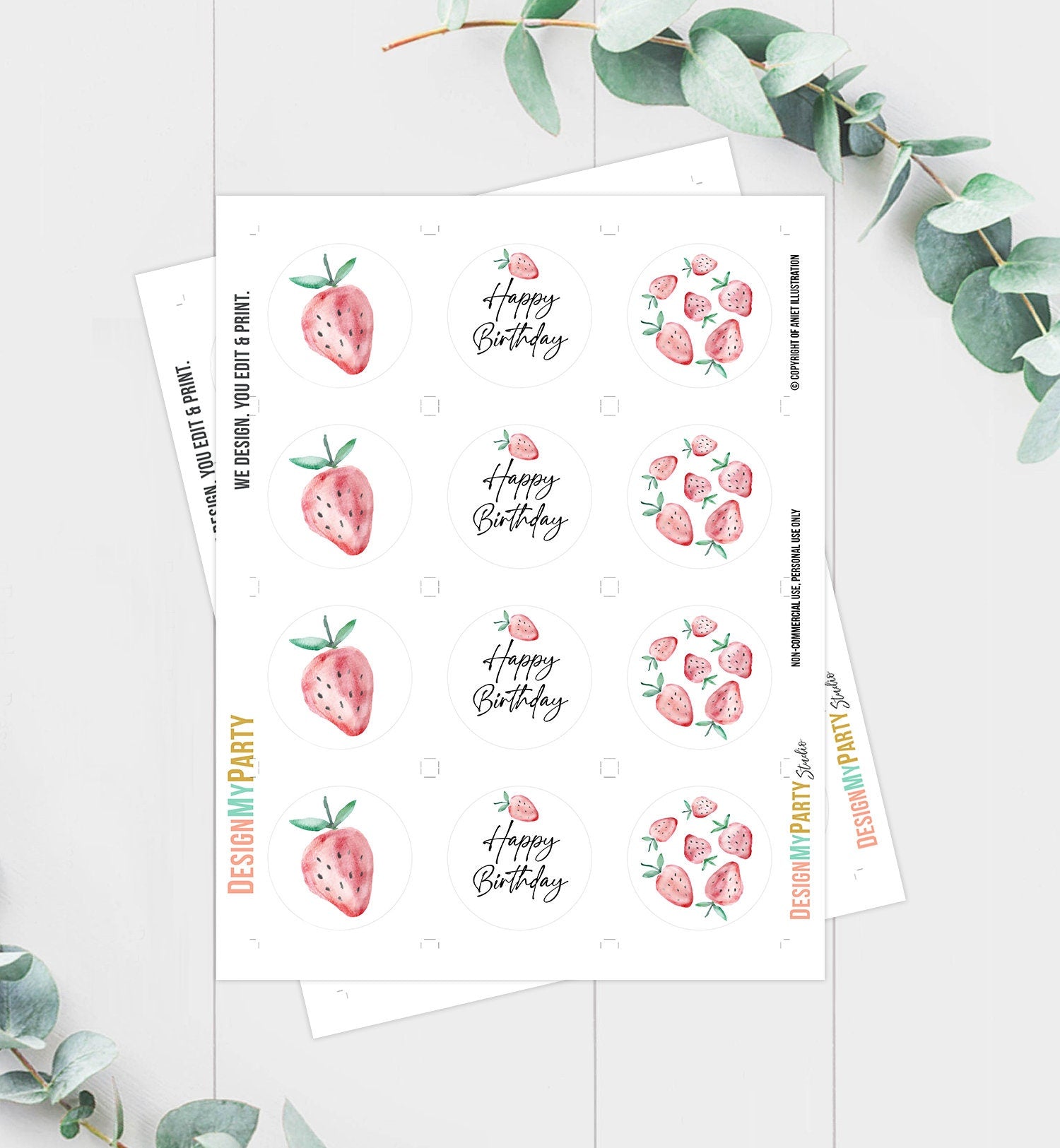 Strawberry Birthday Cupcake Toppers Favor Tags Girl First Birthday Party Decor Berry Sweet 1st Strawberries Download Digital PRINTABLE 0399