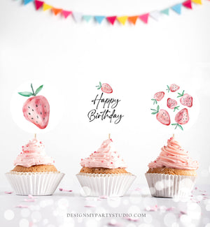 Strawberry Birthday Cupcake Toppers Favor Tags Girl First Birthday Party Decor Berry Sweet 1st Strawberries Download Digital PRINTABLE 0399