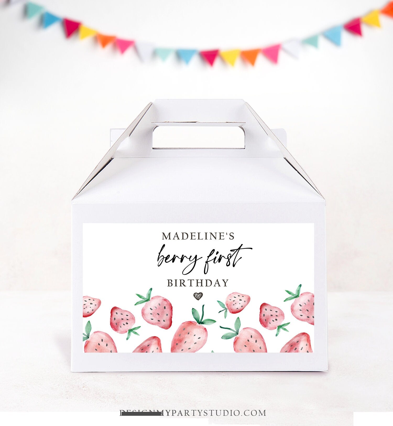 Editable Strawberry Gable Gift Box Label Strawberries 1st Birthday Berry First Treat Box Label Berry Sweet Download Printable Corjl 0399