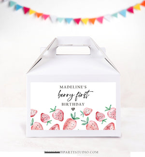 Editable Strawberry Gable Gift Box Label Strawberries 1st Birthday Berry First Treat Box Label Berry Sweet Download Printable Corjl 0399