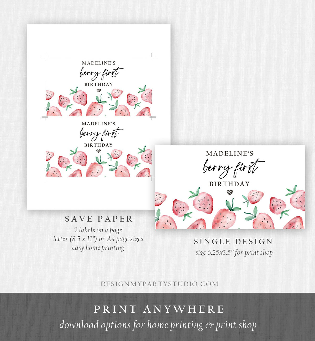 Editable Strawberry Gable Gift Box Label Strawberries 1st Birthday Berry First Treat Box Label Berry Sweet Download Printable Corjl 0399