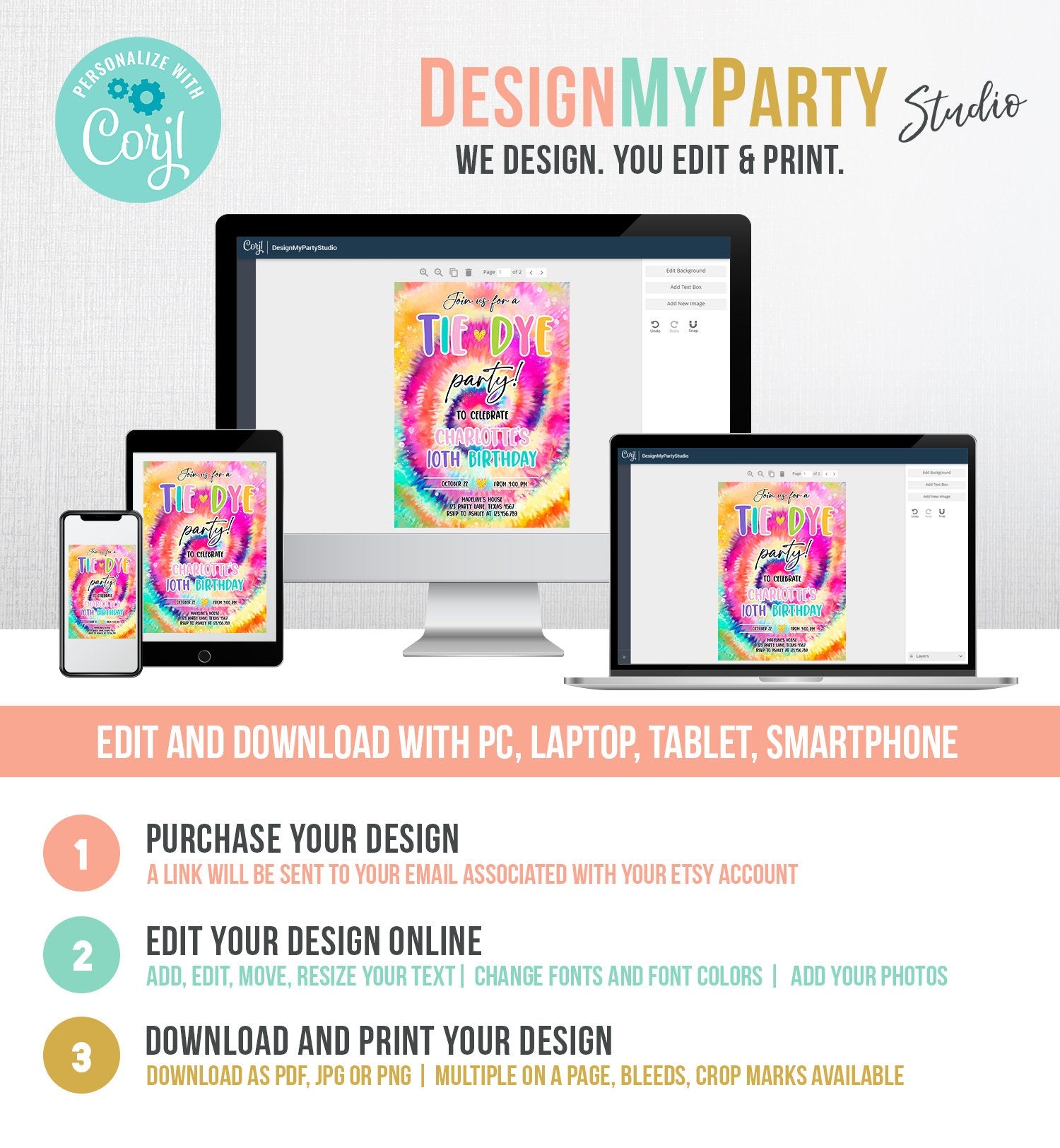 Editable Tie Dye Birthday Invitation Tie Dye Party Invite Girl Pink Tie-Dye Birthday Rainbow Hippie Peace Tween Download Evite Template 0407