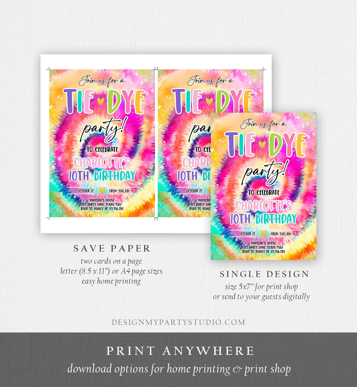 Editable Tie Dye Birthday Invitation Tie Dye Party Invite Girl Pink Tie-Dye Birthday Rainbow Hippie Peace Tween Download Evite Template 0407