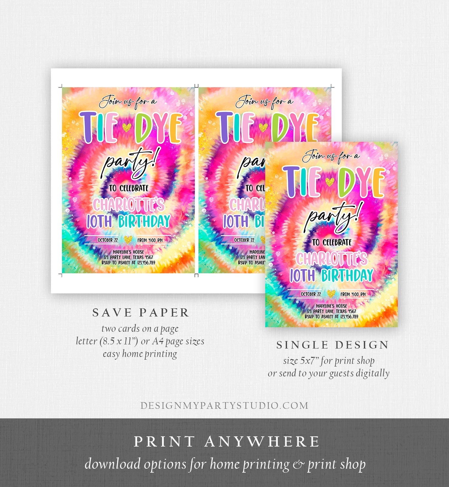 Editable Tie Dye Birthday Invitation Tie Dye Party Invite Girl Pink Tie-Dye Birthday Rainbow Hippie Peace Tween Download Evite Template 0407