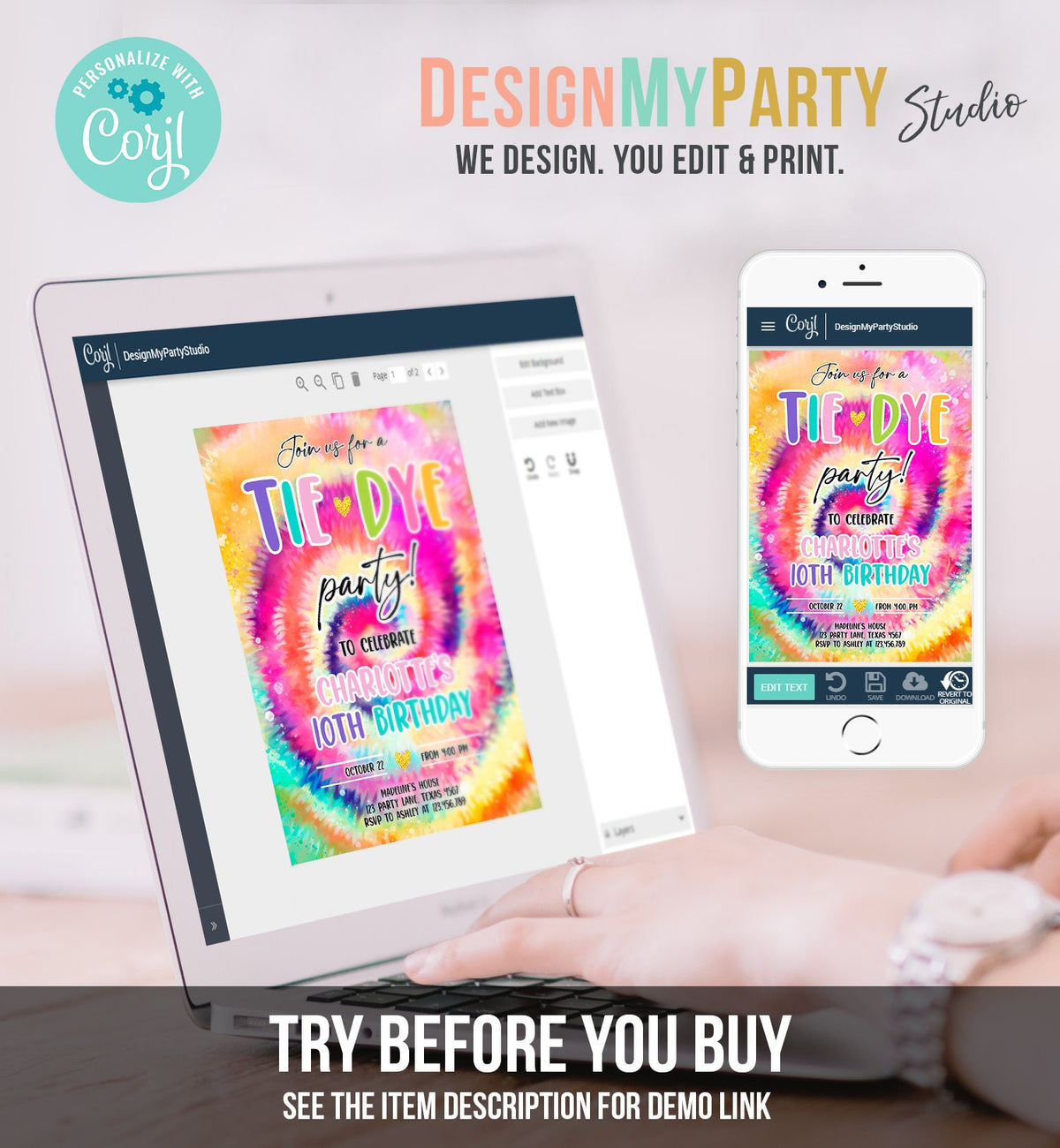 Editable Tie Dye Birthday Invitation Tie Dye Party Invite Girl Pink Tie-Dye Birthday Rainbow Hippie Peace Tween Download Evite Template 0407