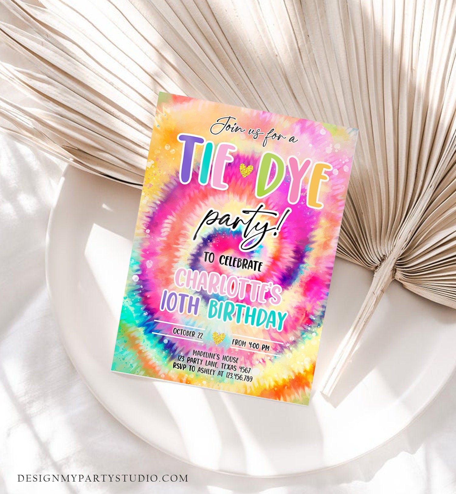 Editable Tie Dye Birthday Invitation Tie Dye Party Invite Girl Pink Tie-Dye Birthday Rainbow Hippie Peace Tween Download Evite Template 0407