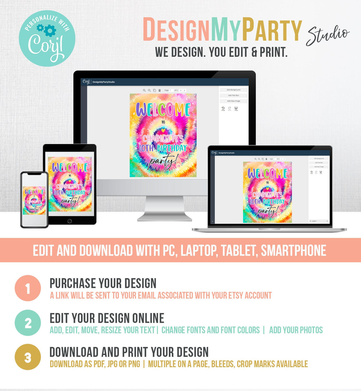 Editable Tie Dye Welcome Sign Tie Dye Birthday Sign Girl Craft Birthday Decor Peace Hippie Rainbow Digital Download Template Printable 0407