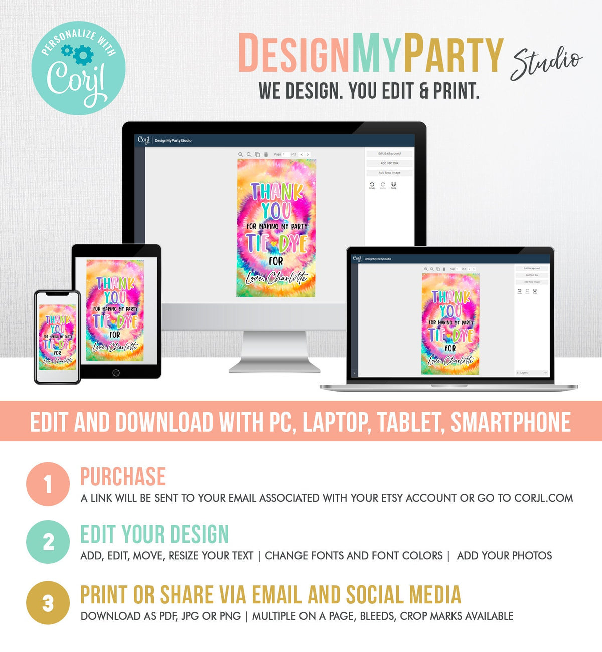 Editable Tie Dye Favor Tags Gift Tag Girl Tie Dye Birthday Thank You Download Hippie Peace Love Craft Party Digital Template Printable 0407