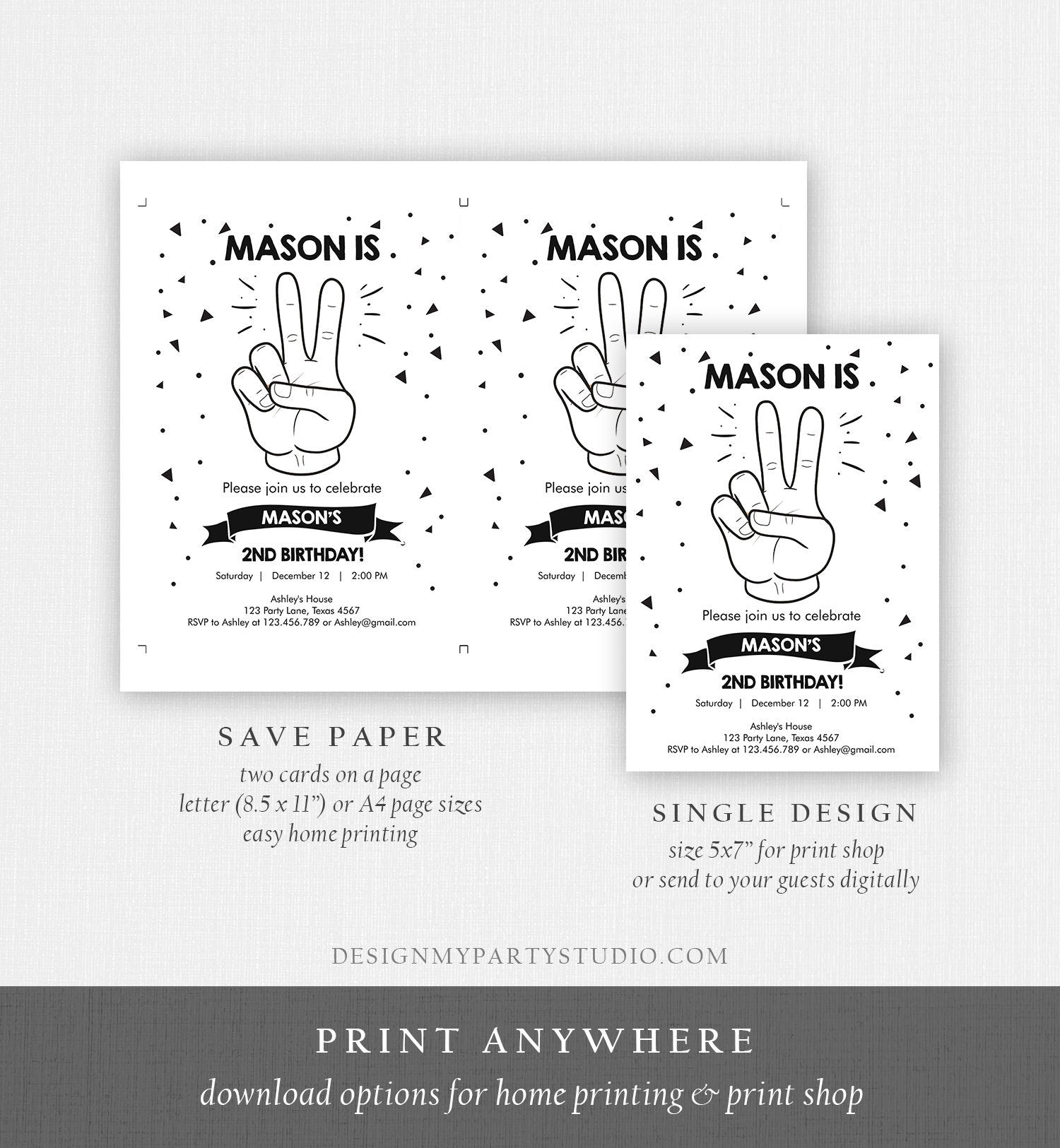 Editable Two Cool Birthday Invitation Boy Second Birthday Party 2nd I'm this Many I'm Two Cool Peace Hip Hop Digital Template Printable 0136