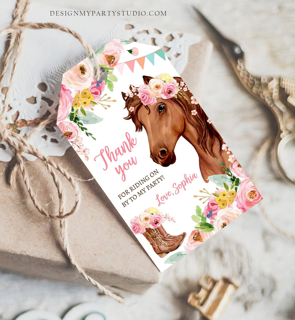 Editable Cowgirl Favor Tags Tags Horse Birthday Party Favor Thank you Tags Girl Horse Party Floral Download Template PRINTABLE Corjl 0408