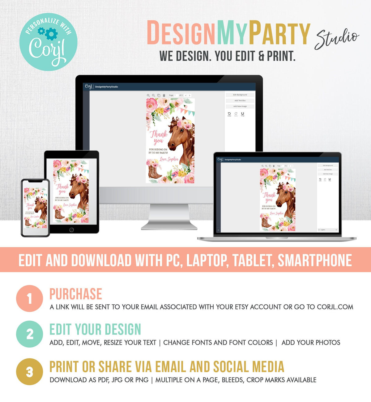 Editable Cowgirl Favor Tags Tags Horse Birthday Party Favor Thank you Tags Girl Horse Party Floral Download Template PRINTABLE Corjl 0408