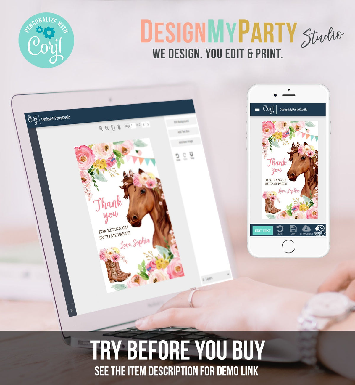 Editable Cowgirl Favor Tags Tags Horse Birthday Party Favor Thank you Tags Girl Horse Party Floral Download Template PRINTABLE Corjl 0408