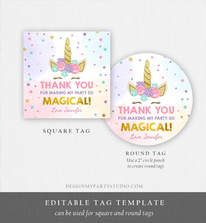 Editable Unicorn Favor Tags Magical Birthday Thank You Tag Gift Girl Pink Purple Gold Glitter Download Corjl Template Printable 0041