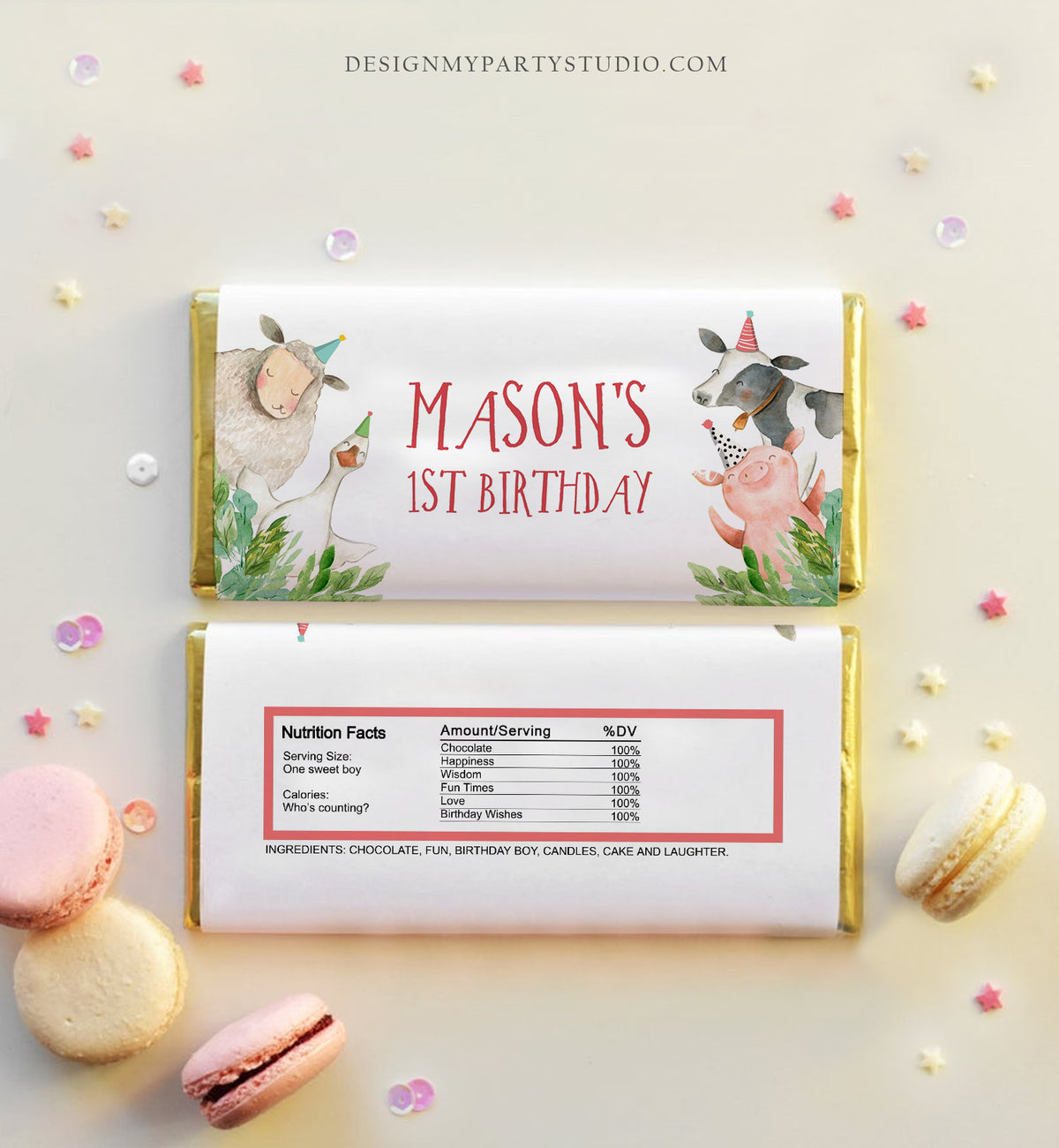 Editable Candy Bar Wrapper Farm Animals Birthday Candy Bar Wrapper Party Animals Favors Party Boy Barnyard Thank You PRINTABLE Corjl 0155