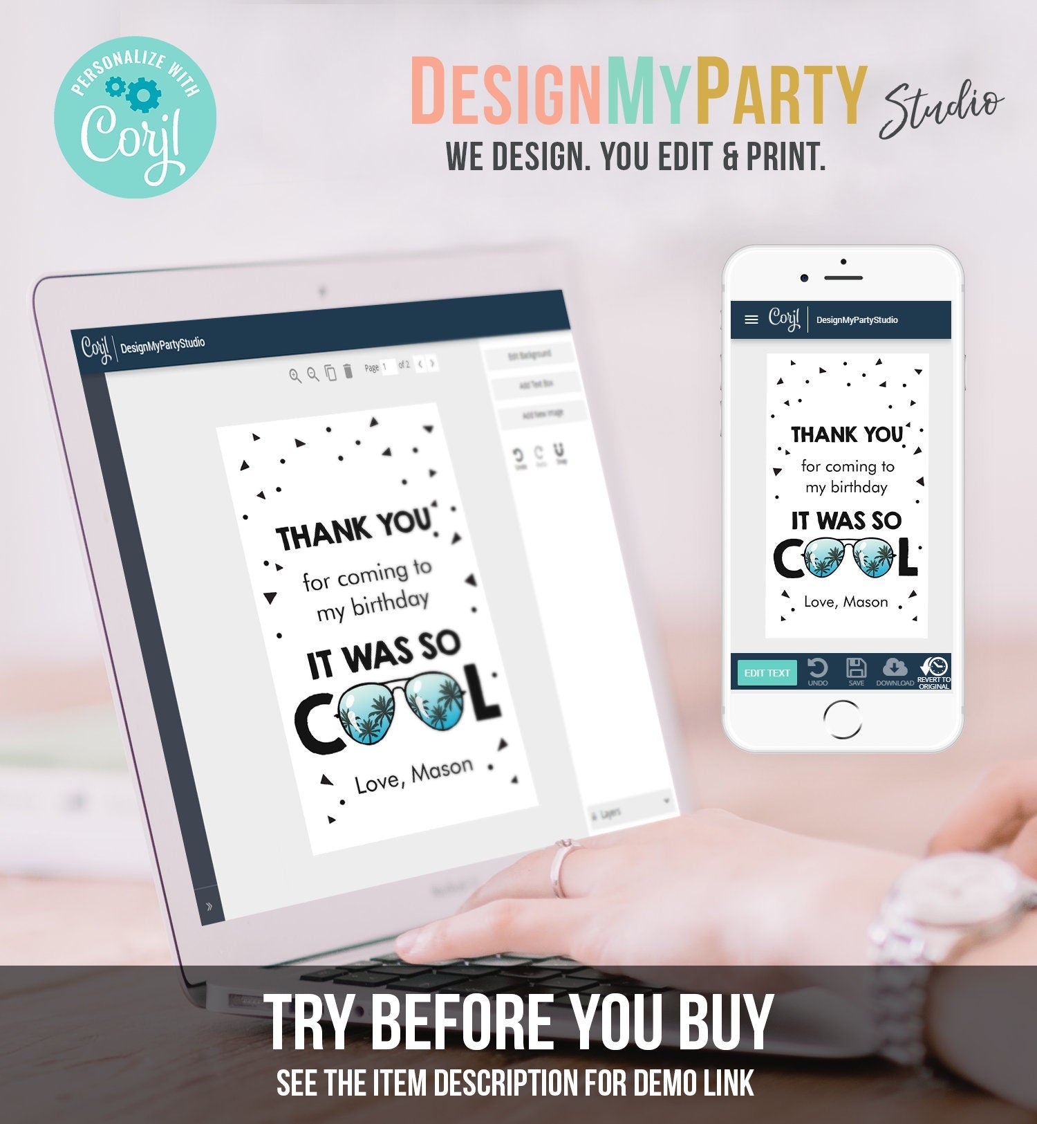 Editable Cool Birthday Favor Tags Thank You Tags Boy Pilot Sunglasses Second Birthday 2nd Gift Tag Corjl Template Printable 0136