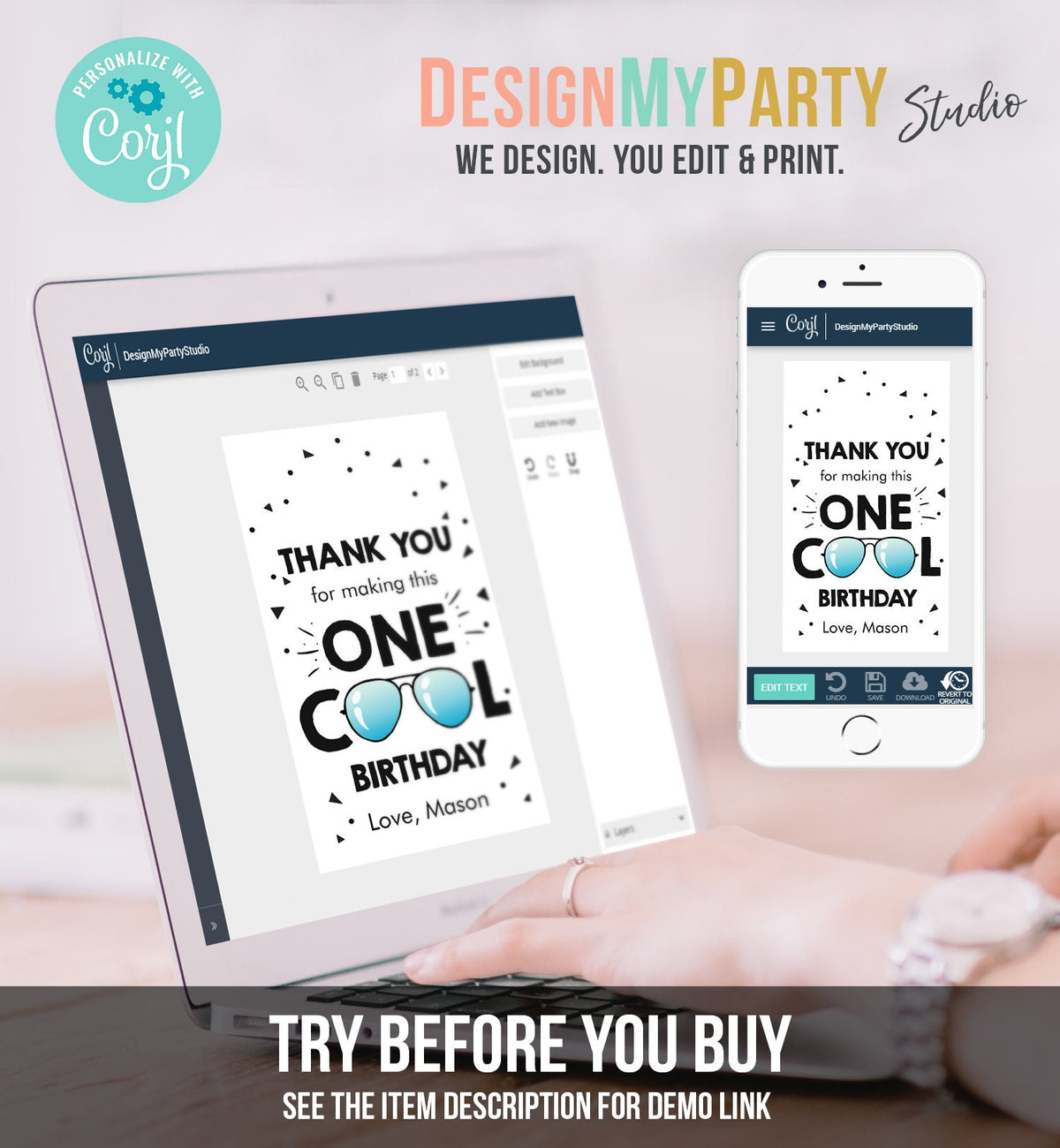Editable One Cool Dude Favor Tag Birthday Thank You Boy First Birthday 1st Gift Tags Sunglasses Digital Download Template Printable 0136