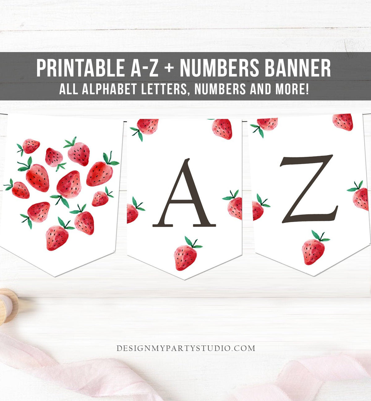 Strawberry Alphabet Banner Letters A to Z Numbers Strawberry Birthday Banner Berry Sweet Party Decor Baby Shower Banner DIY Printable 0399