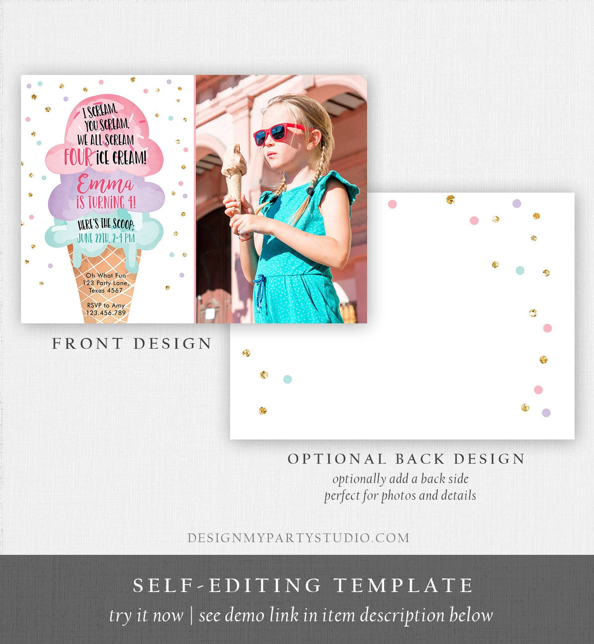 Editable Ice Cream I Scream Birthday Invitation Four Party 4th Here's the Scoop Cone Pink Mint Purple Digital Template Printable 0243