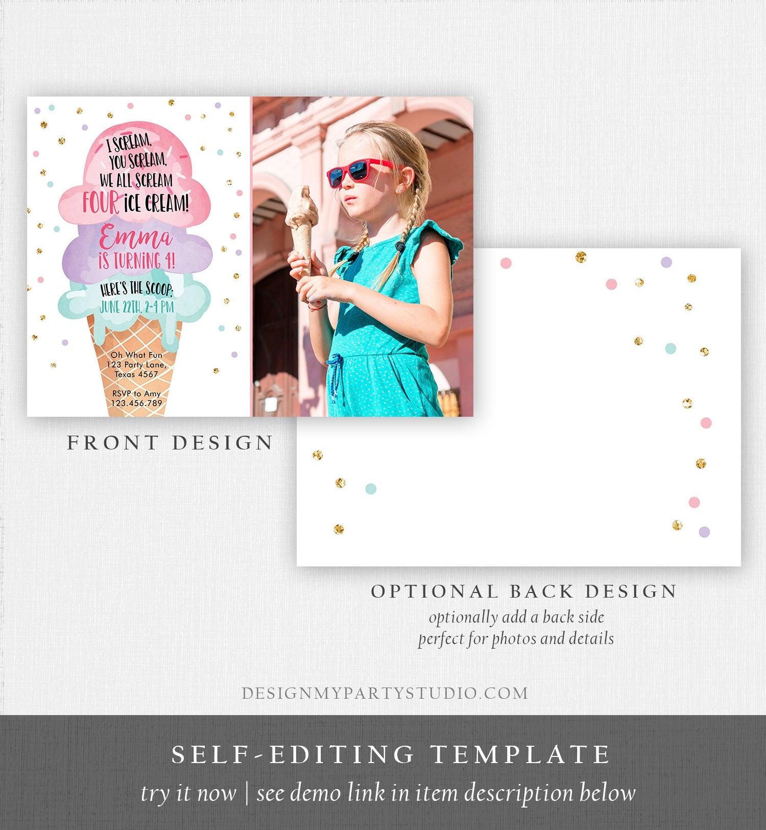 Editable Ice Cream I Scream Birthday Invitation Four Party 4th Here's the Scoop Cone Pink Mint Purple Digital Template Printable 0243