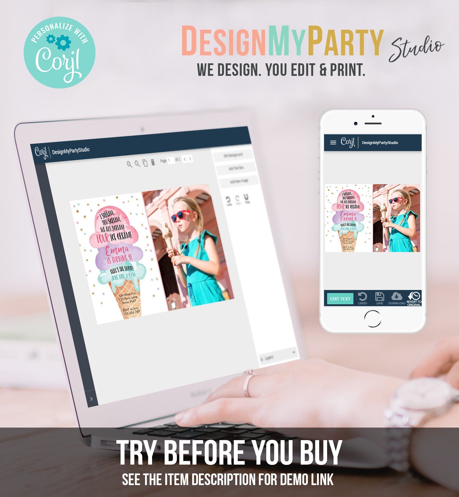 Editable Ice Cream I Scream Birthday Invitation Four Party 4th Here's the Scoop Cone Pink Mint Purple Digital Template Printable 0243