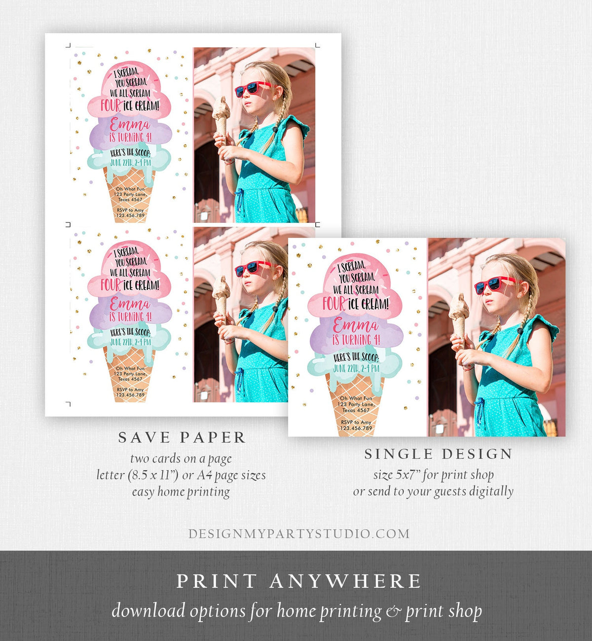 Editable Ice Cream I Scream Birthday Invitation Four Party 4th Here's the Scoop Cone Pink Mint Purple Digital Template Printable 0243