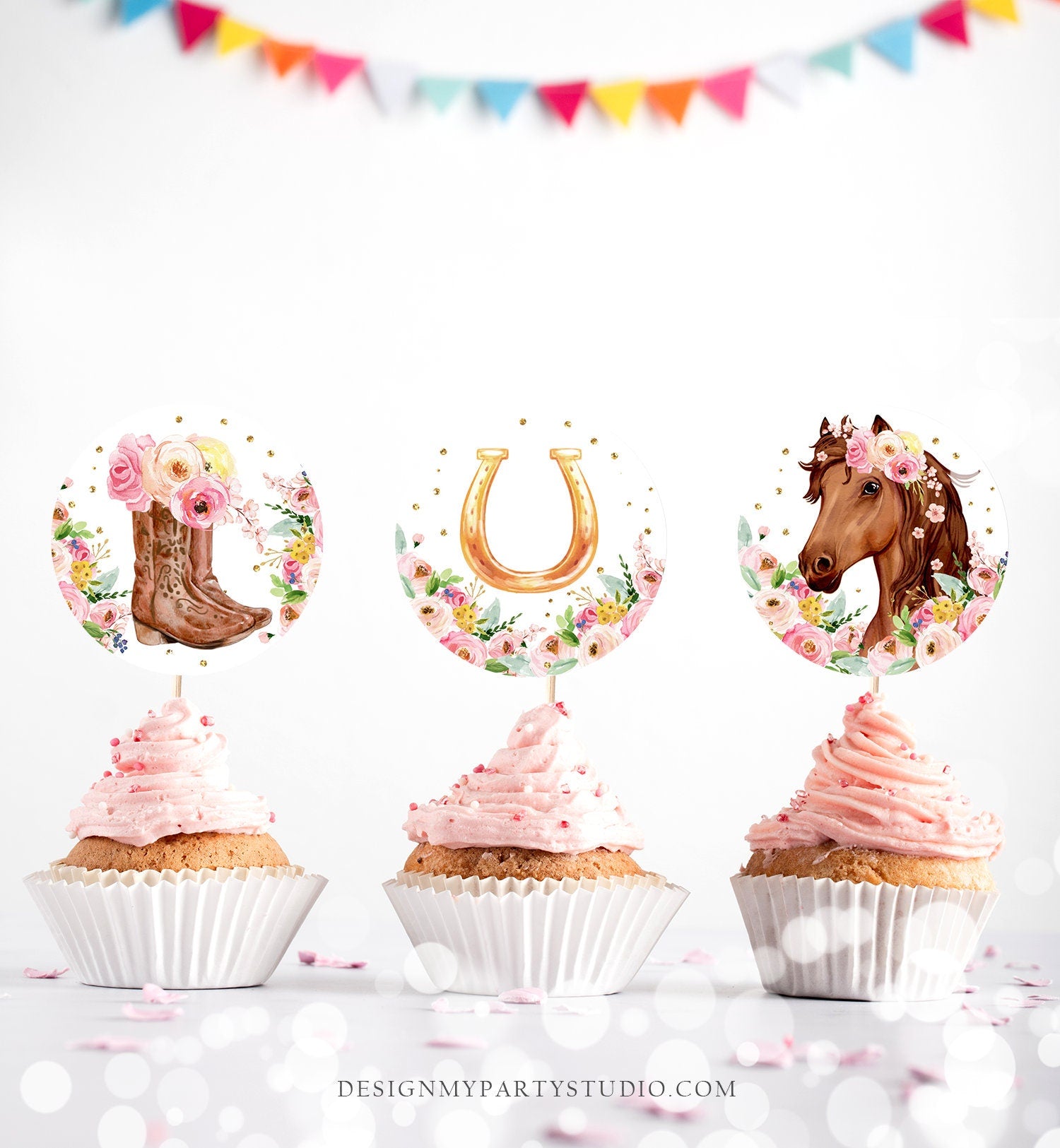 Horse Cupcake Toppers Favor Tags Girl Saddle Up Pony Birthday Party Decoration Cowgirl Floral Horse Pink Download Digital PRINTABLE 0408