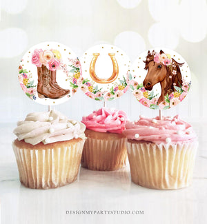 Horse Cupcake Toppers Favor Tags Girl Saddle Up Pony Birthday Party Decoration Cowgirl Floral Horse Pink Download Digital PRINTABLE 0408