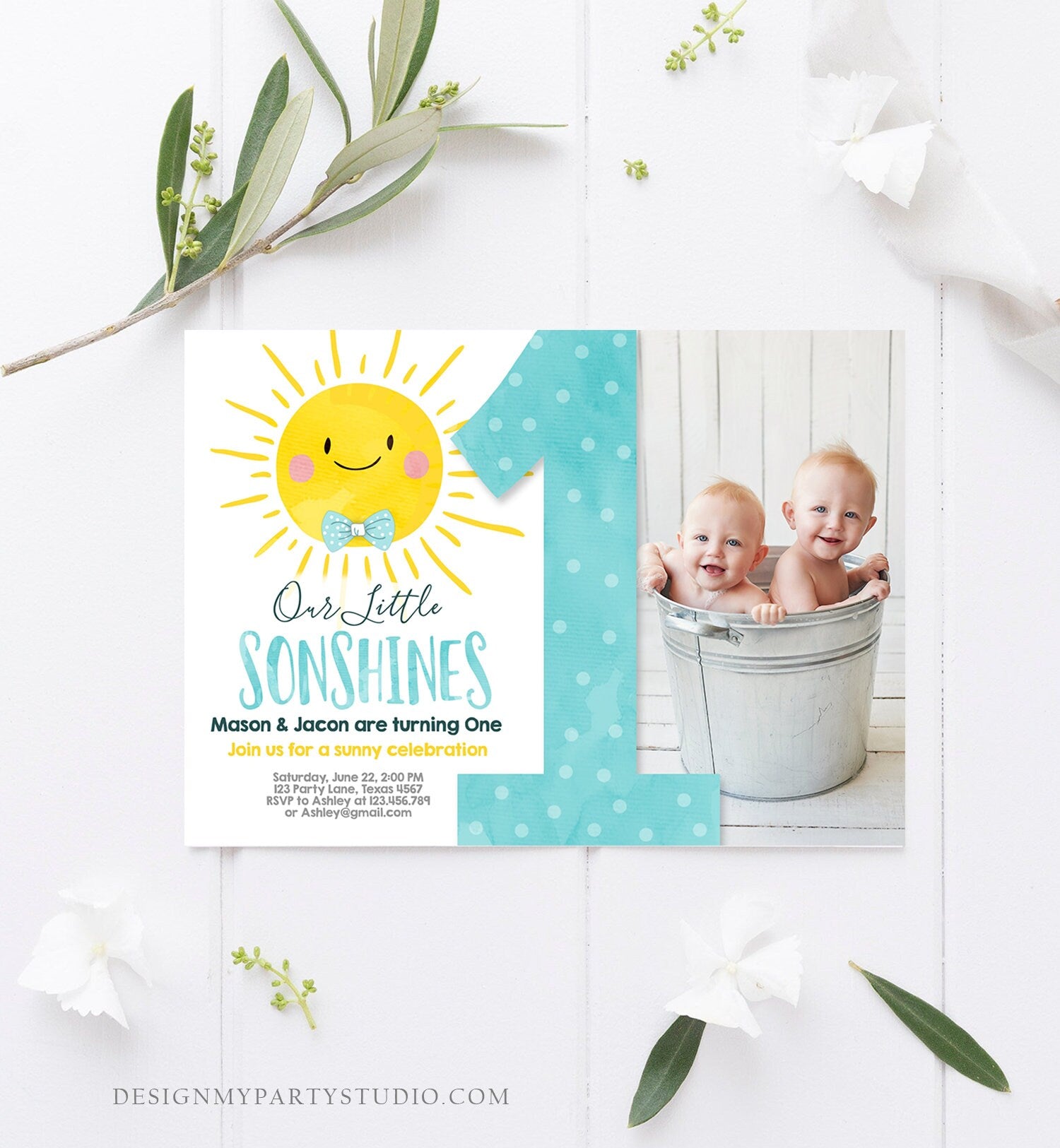 Editable Birthday Invitation Twins Little Sunshines Boys Siblings Brothers Twin Summer Download Invitation Template Corjl Printable 0141