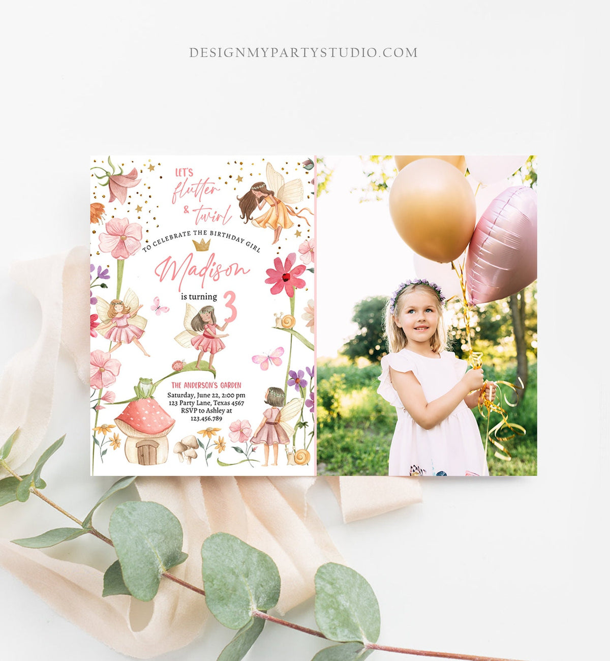 Editable Fairy Princess Birthday Invitation Girl Pink Floral Magical Fairy Party Whimsical Garden Digital Download Template Printable 0406