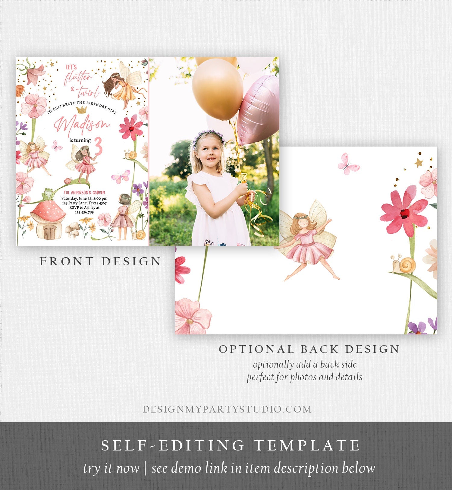 Editable Fairy Princess Birthday Invitation Girl Pink Floral Magical Fairy Party Whimsical Garden Digital Download Template Printable 0406