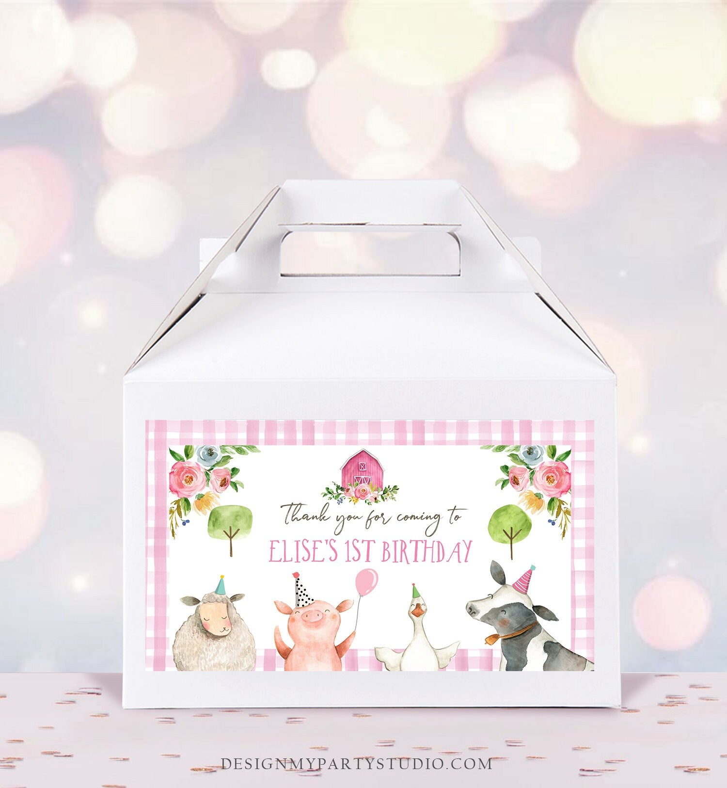 Editable Farm Animals Gable Gift Box Label Pink Farm Birthday Girl Treat Box Label Gingham Barnyard Party Farm Digital Printable Corjl 0155