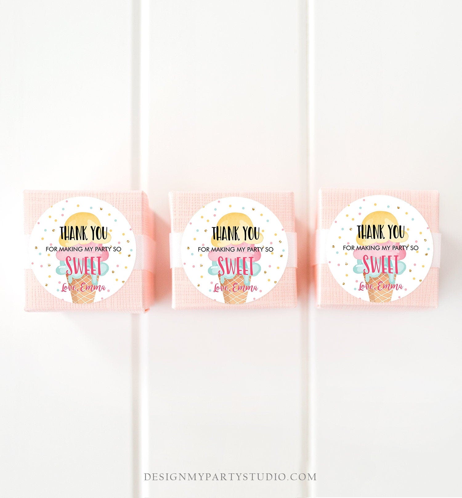 Editable Ice Cream Thank you Tags Round Ice Cream Stickers Ice Cream Birthday Girl Pink Mint Ice Cream Social Favor Tags Template Corjl 0243