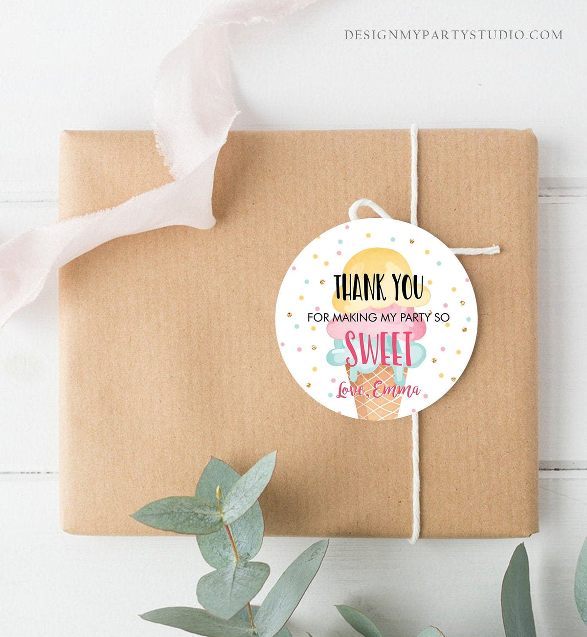 Editable Ice Cream Thank you Tags Round Ice Cream Stickers Ice Cream Birthday Girl Pink Mint Ice Cream Social Favor Tags Template Corjl 0243