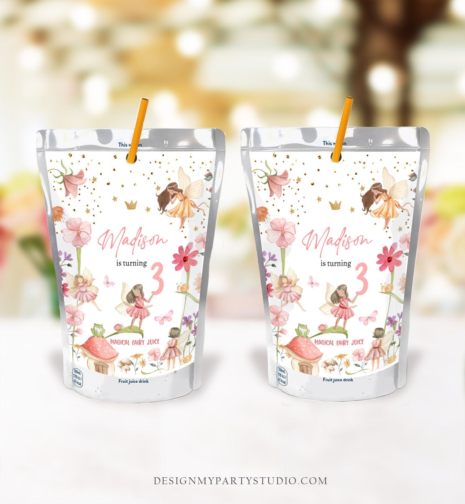 Editable Fairy Birthday Juice Pouch Label Juice Favors Fairy Garden Party Birthday Decor Enchanted Forest Download Template Printable 0406
