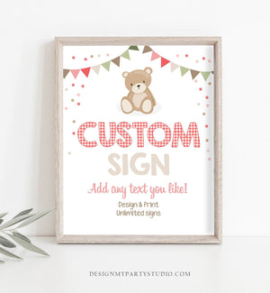 Editable Custom Sign Teddy Bear Picnic Birthday Baby Shower Girl Pink Red Gingham Summer Outdoor Bear Corjl Template Printable 0100